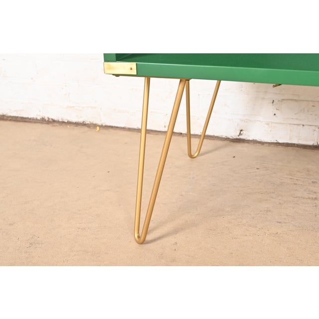Green Thomasville Mid-Century Hollywood Regency Campaign Green Lacquered Bookcases on Hairpin Legs, Newly Refinished For Sale - Image 8 of 12