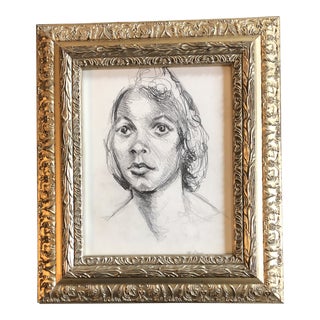1970’s Original Vintage Charcoal Female Portrait Drawing Ornate Vintage Frame Signed For Sale
