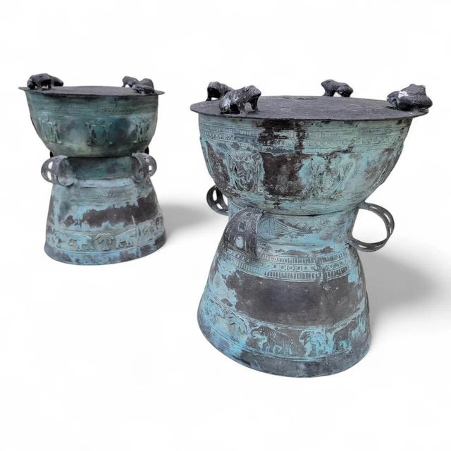 Antique Balinese Hammered Bronze Frog/Rain Drum Side Tables With Patina - Pair For Sale - Image 10 of 12