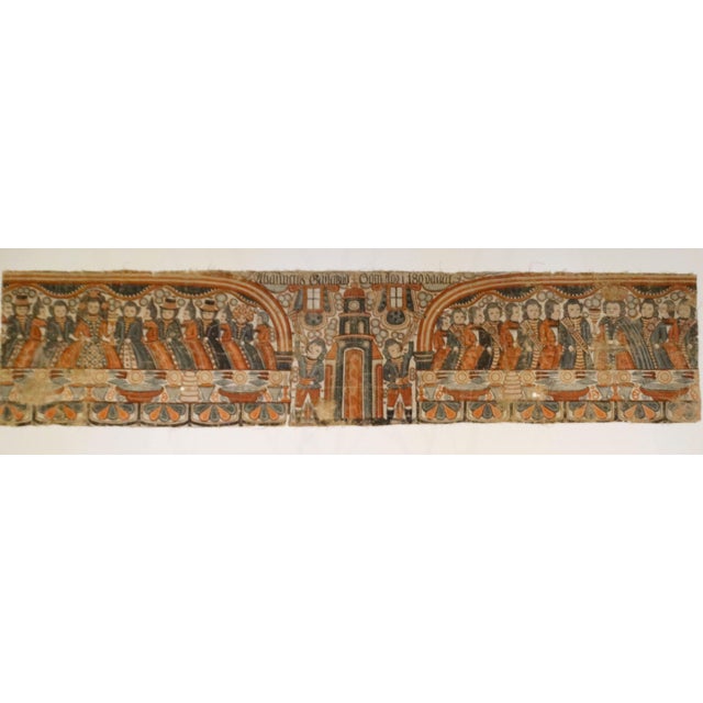 Antique Painted Swedish Folk Art Linen Bonad Depticing Ahasuerus’ Banquet, Book of Esther For Sale - Image 6 of 12