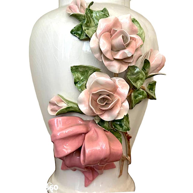 Textile Capodimonte Rose Encrusted Ginger Jar Lamps - a Pair For Sale - Image 7 of 12