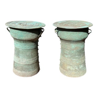 Early 20th Century Matched Pair of Laotian Bronze Rain Drums For Sale