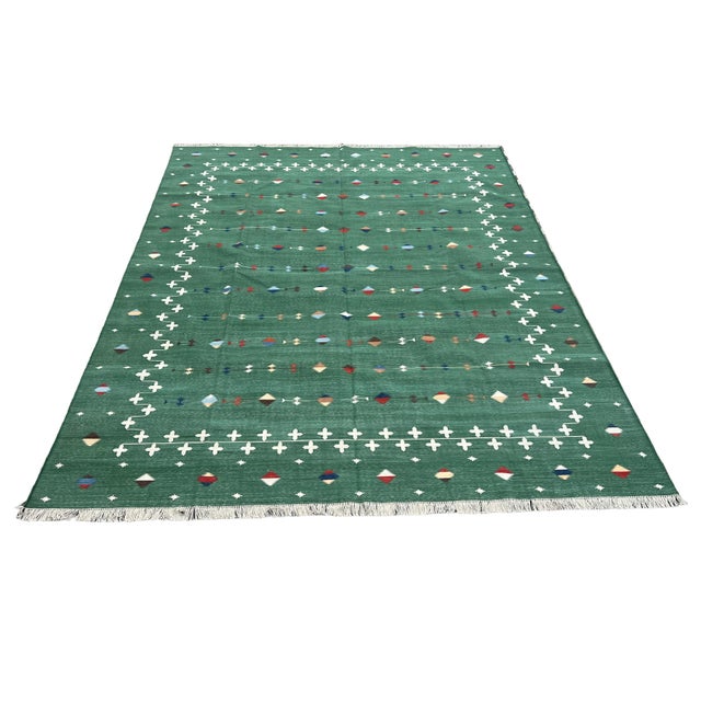 Handmade Cotton Area Rug, Vegetable Dyed, Forest Green Shooting Star Dhurrie -4'x6' For Sale - Image 6 of 14