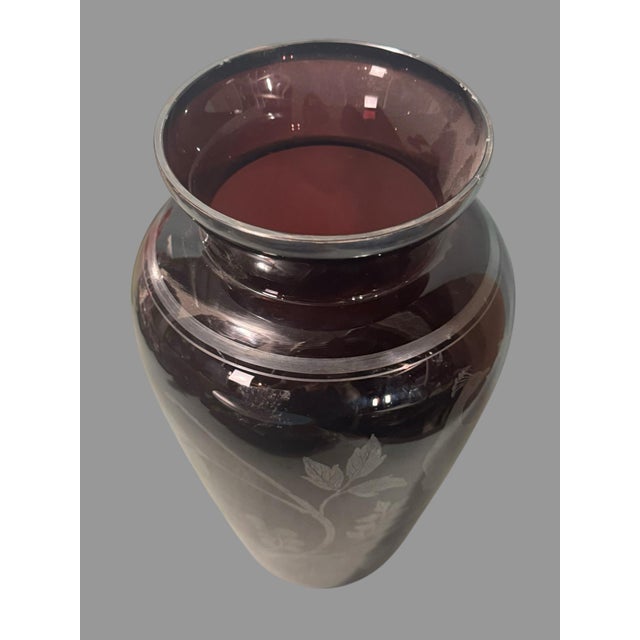 Early 20th Century Antique Amethyst Purple Glass Vase Sterling Silver Overlay Peacock 10.5” For Sale - Image 5 of 8