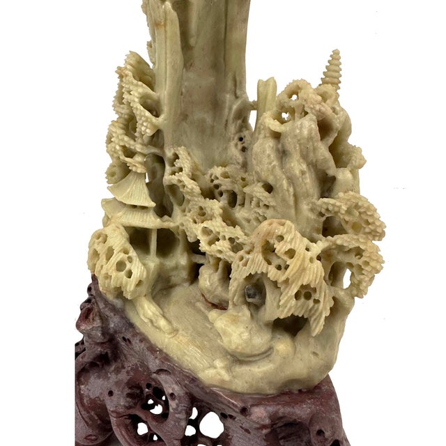 Vintage Hand Carved Chinese Soapstone Mountain Village With Pagoda Landscapes For Sale - Image 10 of 12
