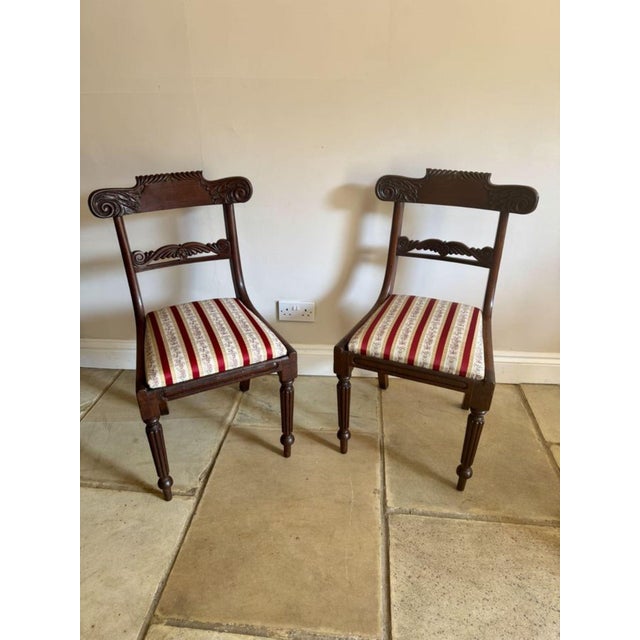 Elegant set of four antique regency quality mahogany dining chairs, having quality carved mahogany backs, drop in seats,...