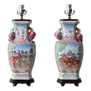 A Pair of Chinese Export Hunt Scene Porcelain Lamps