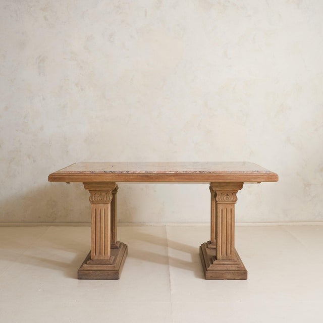 French Neoclassical Revival Oak + Pink Granite Top Desk, 1940s For Sale In Chicago - Image 6 of 11