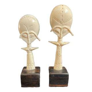 Vintage African Bone Carving Akuaba Figures Ashanti Fertility Dolls - a Pair For Sale