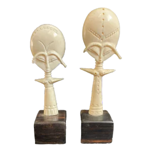 Vintage African Bone Carving Akuaba Figures Ashanti Fertility Dolls - a Pair