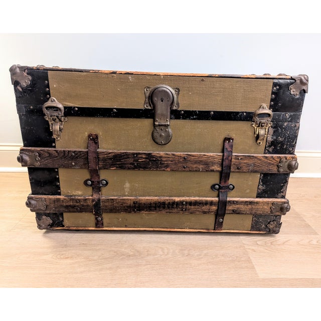 Wood 19th Century American Canvas and Oak Flat-Top Steamer Trunk With Lithograph Interior For Sale - Image 7 of 15
