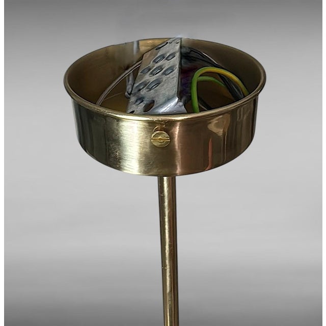 Mid 20th Century Stilnovo Style Italian Brass Six-Light Chandelier With Opaline Glass Globes For Sale - Image 16 of 18