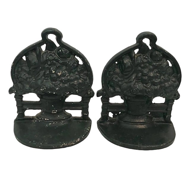 Cast Iron Flower Basket Bookends - a Pair For Sale