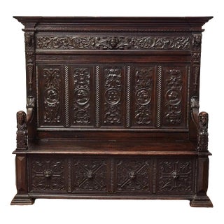 Neo-Renaissance Carved Oak Bench For Sale