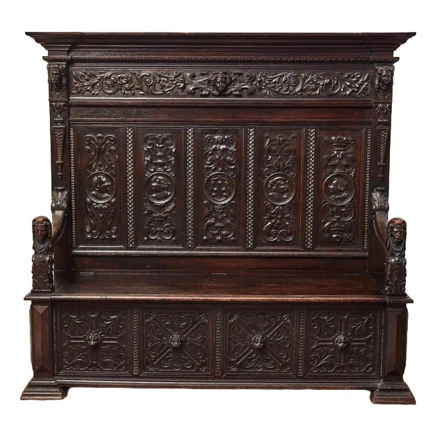 Neo-Renaissance Carved Oak Bench For Sale