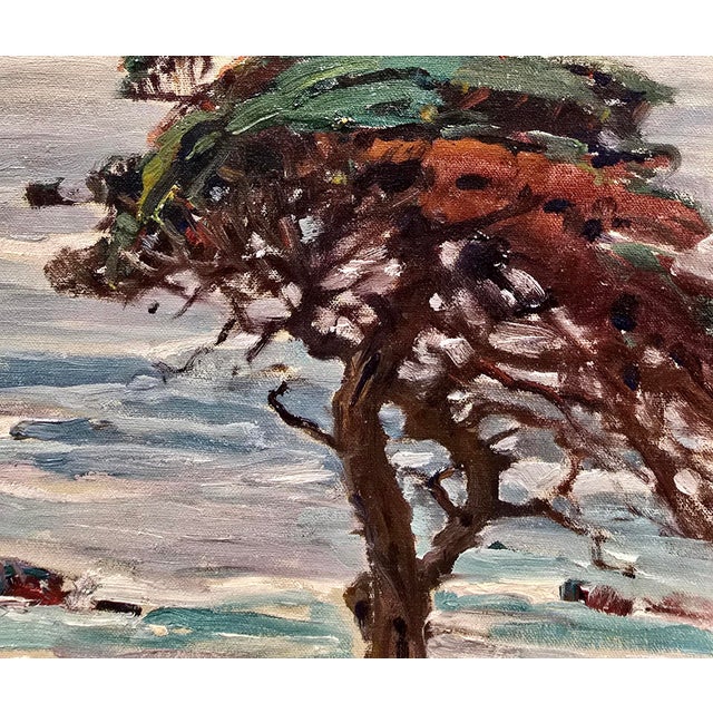 Dark Green Hanson Puthuff "Monterey Coastal Cypress" Plein Air Impressionist Landscape-1930s Oil Painting For Sale - Image 8 of 10