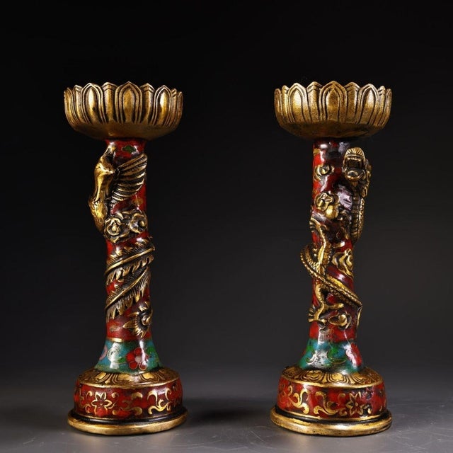 Metal Pair Vintage Gilt Brass Cloisonné Dragon Phoenix Candlesticks, Lotus Top Candle Holders For Sale - Image 7 of 10