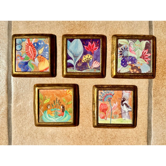 Ceramic Tile Coasters with Brass Frames and Fairytale Motifs, Germany, 1970s, Set of 5 For Sale - Image 3 of 11