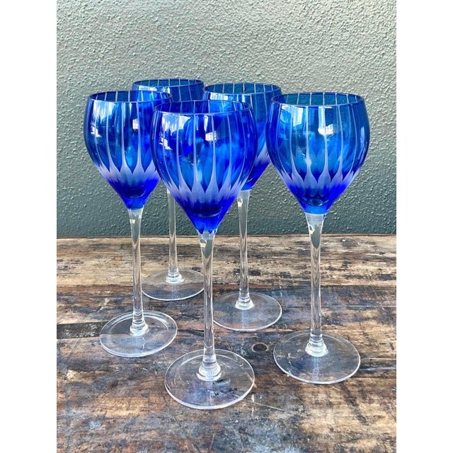 Mid-Century Modern Vintage Boho Cut Crystal Blue Goblets - Set of 5 For Sale - Image 3 of 6