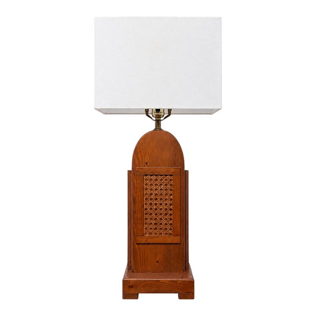 Vintage Wood & Cane Table Lamp With Rectangular Shade For Sale