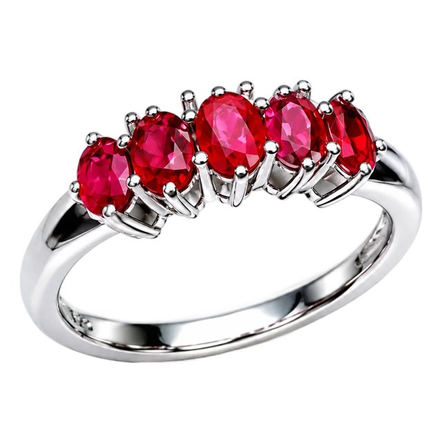 14K White Gold Ruby 5 Stone Diamond Band Estate Ring For Sale