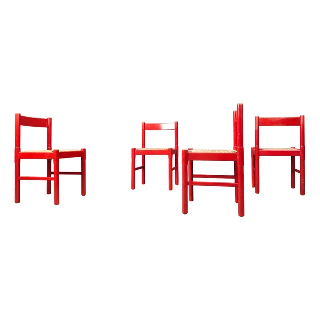 Vintage Red Lacquer and Wicker Dining Chairs, 1970s, Set of 4 For Sale