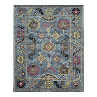 8x10 Blue Hand-Knotted Wool Floral Medallions Traditional Modern Carpet Rug For Sale