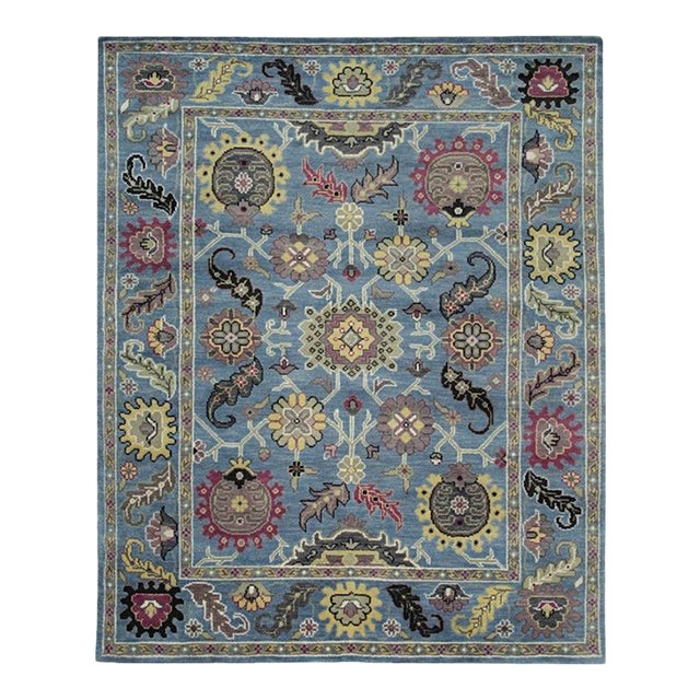 8x10 Blue Hand-Knotted Wool Floral Medallions Traditional Modern Carpet Rug For Sale