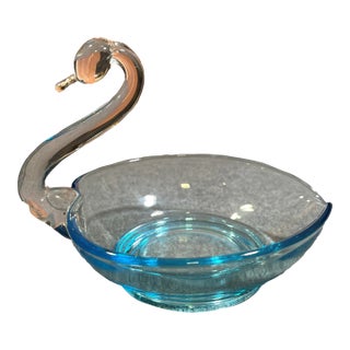 Mid 20th Century Light Blue Open Swan Trinket Dish by Viking Glass For Sale