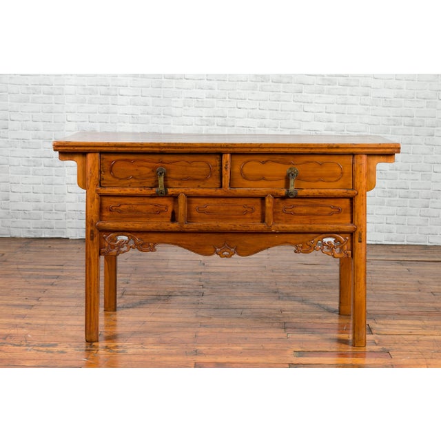 Chinese Qing Dynasty Period 19th Century Elm Sideboard with Dragon Carved Apron For Sale - Image 11 of 13