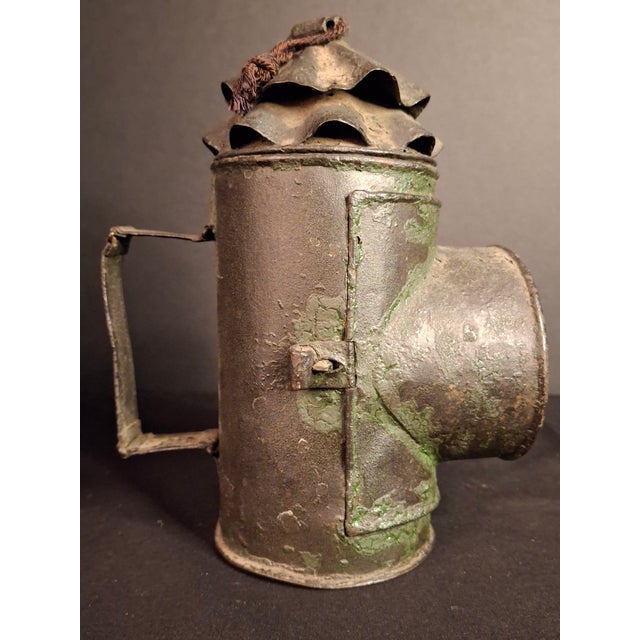 Antique Tin Bullseye Candle Lantern Crimped Top Green Painted Belt Lamp For Sale - Image 11 of 18