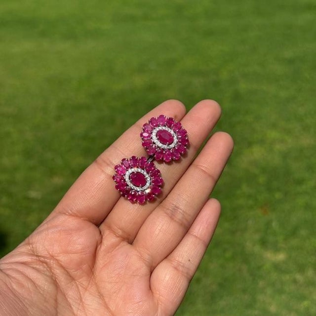 Contemporary Luxury 10.21ct Ruby Bloom Diamond Halo Statement Stud Earrings in 14k Gold- A Pair For Sale - Image 3 of 16