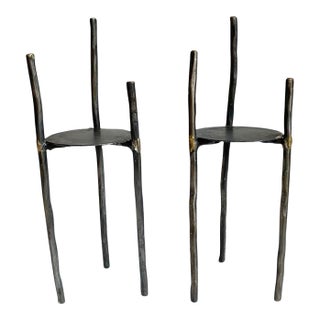 Brutalist Black Iron Metal Twig Candle Holder MCM Decor For Sale