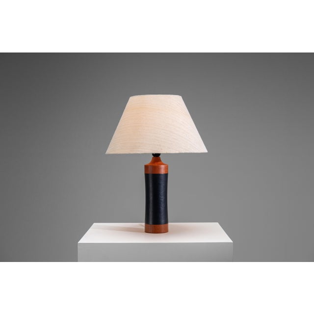 Mid-Century Modern Teak Table Lamp with Black Leather Wrapping, 1960s For Sale - Image 3 of 12