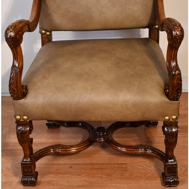French 1900 Antique French Carved Walnut Throne Arm Chair / New Leather Upholstery For Sale - Image 3 of 15