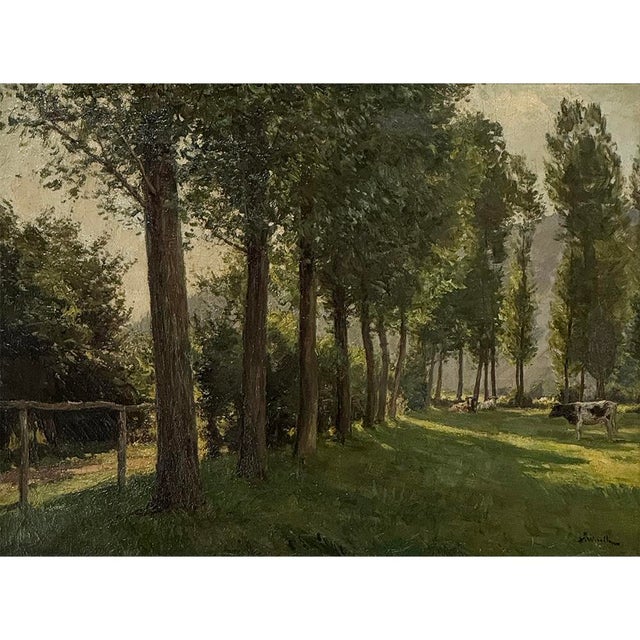 Realism Antique Belgian Oil on Canvas Painting “Cows Grazing” by Xavier Wurth (1869-1933) For Sale - Image 3 of 15