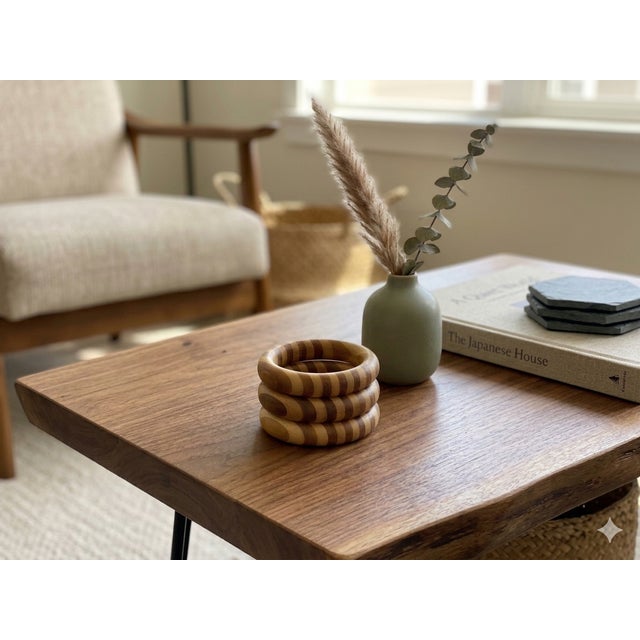 1990s Set 3 Two Wood Tone Striped Pattern Small Bangles Display Decor Art For Sale - Image 5 of 5