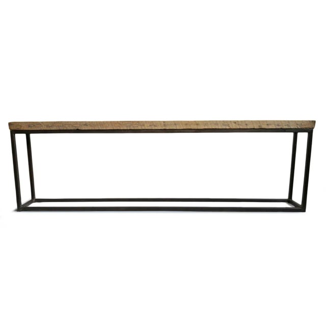 Vintage clean modern narrow old elm plank console table. Raw sun bleached elm top with simple black iron legs. Great for a...