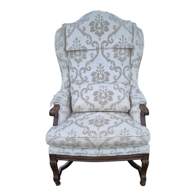 Mid 20th Century Traditional Queen Anne-Style High-Back Upholstered Wingback Armchair For Sale