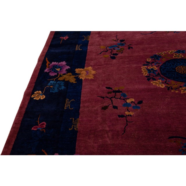 Burgundy Burgundy Antique Art Deco Handmade Chinese Floral Motif Wool Rug For Sale - Image 8 of 10