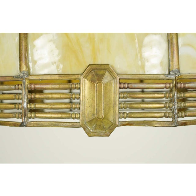 Mid 20th Century Vintage Tan Slag Stained Glass Pendant Light With Brass Accents For Sale - Image 5 of 10