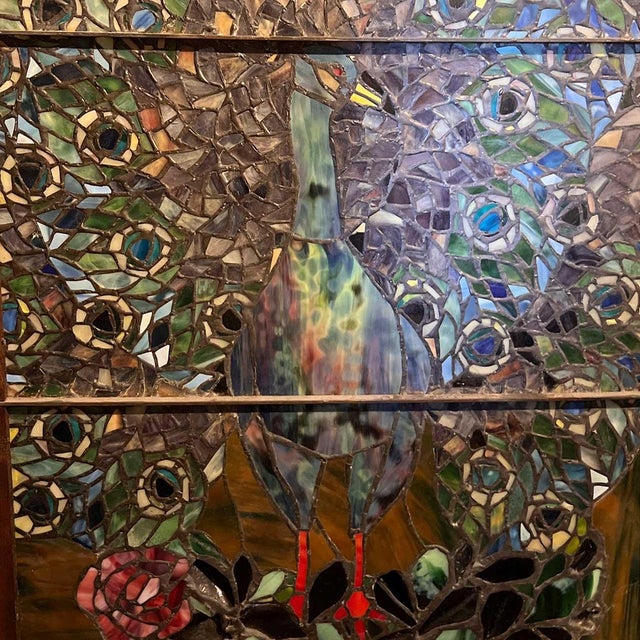 Vintage Stained and Leaded Glass Peacock Window, After Tiffany Studios For Sale - Image 11 of 13