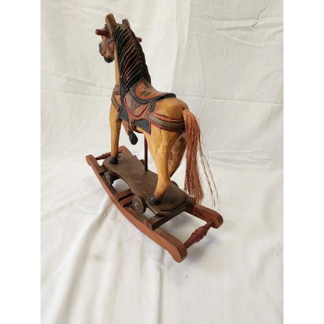 Wood Vintage 1950's Wooden Hand Craved Carousel Rocking Horse With Horsehair Tail For Sale - Image 7 of 12