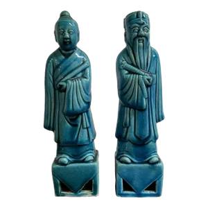 Chinese Blue Glazed Ceramic Deity Figurines - a Pair