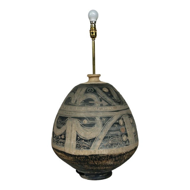 Rustic Large Glazed Sgraffito Terracotta Lamp Base, 1900s For Sale - Image 3 of 12