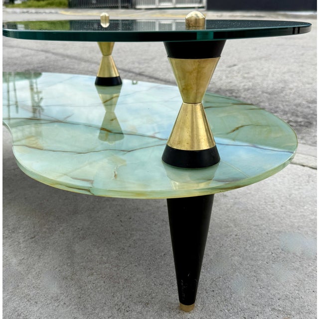 Green Italian 1950s Two-Tier Kidney Shape Glass & Faux Marble Coffee Table For Sale - Image 8 of 9