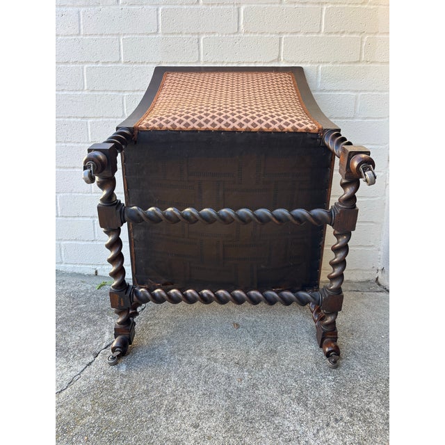 Brown Antique Oak Bergere Armchair Featuring Barley Twist Legs, Arms, and Stretchers, With Cane Paneling Sides and Caster Wheels For Sale - Image 8 of 11