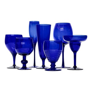 Cobalt Glass Stemware Curation - Group of 7 For Sale