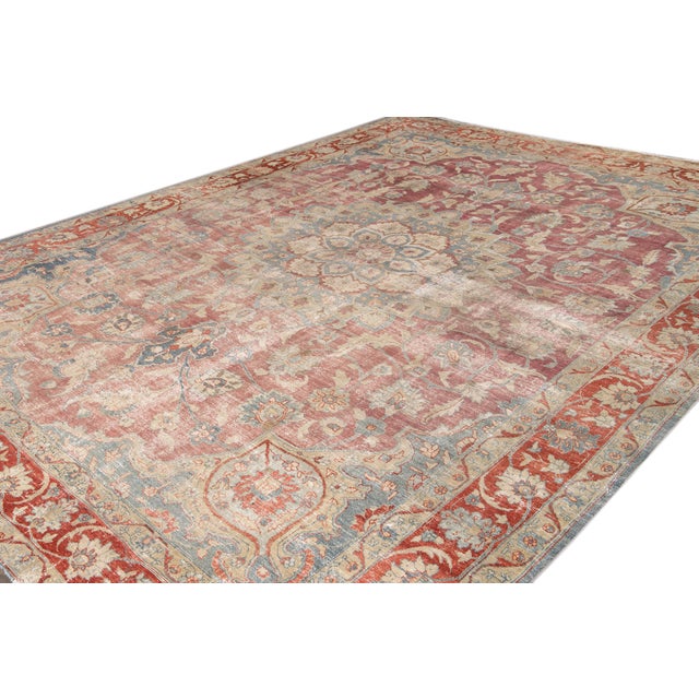 1920s Antique Persian Tabriz Red and Blue Handmade Medallion Floral Wool Rug For Sale - Image 5 of 10