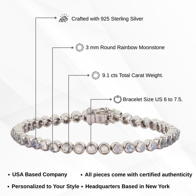 Handmade Round 9.1 Ct Rainbow Moonstone Bezel Set Infinity Line Tennis Bracelet in 925 Silver For Sale - Image 11 of 14